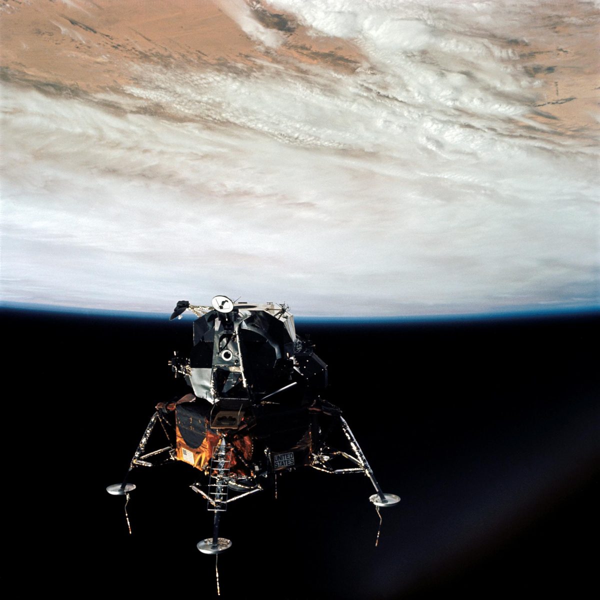 The Apollo 9 lunar module Spider in Earth orbit, landing legs deployed, 1969